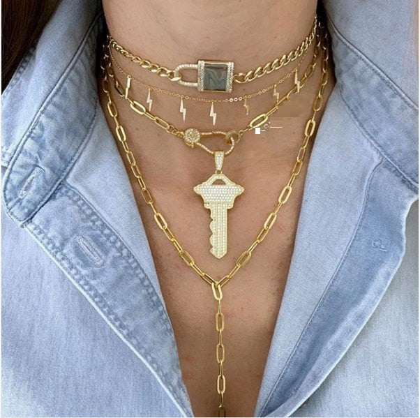 Golden Plated Layered Lock & Key Chain Necklace